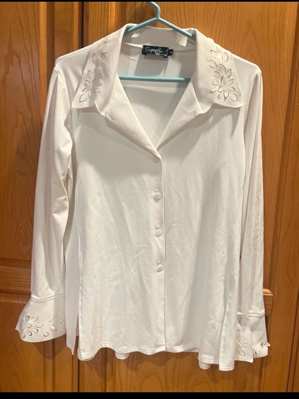 Sympli White Floral Laser Cut Button Down Blouse Size 8